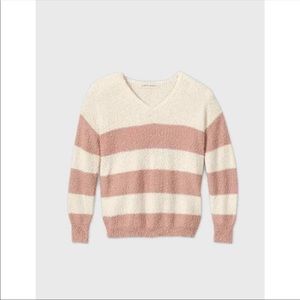 KNOX ROSE Women’s Cream Pink Striped Chunky Knit Long Sleeve V-Neck Sweater L